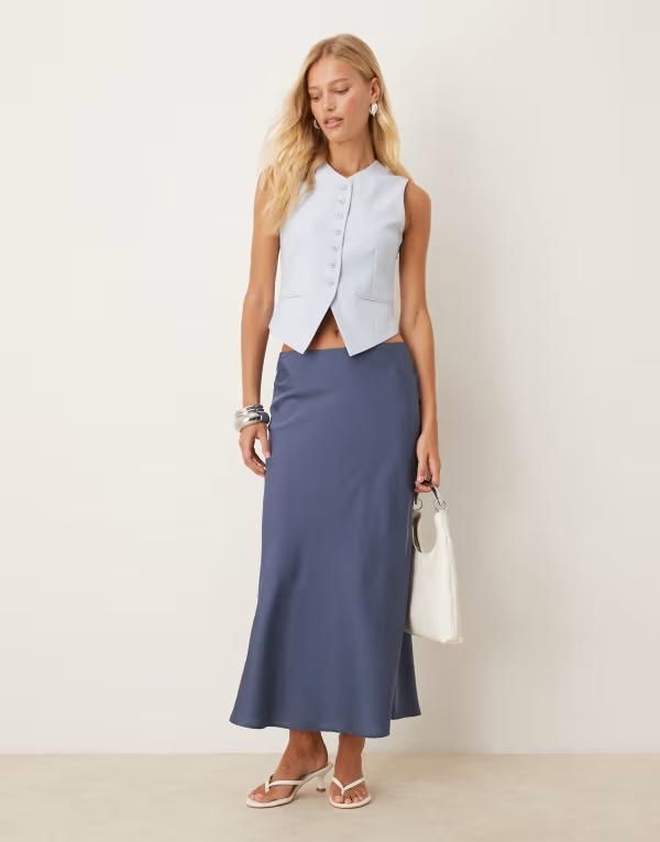 ヴィラ レディース ボトムス スカート サテン マキシ VILA satin maxi skirt in mid Vintage Indigo インディゴ