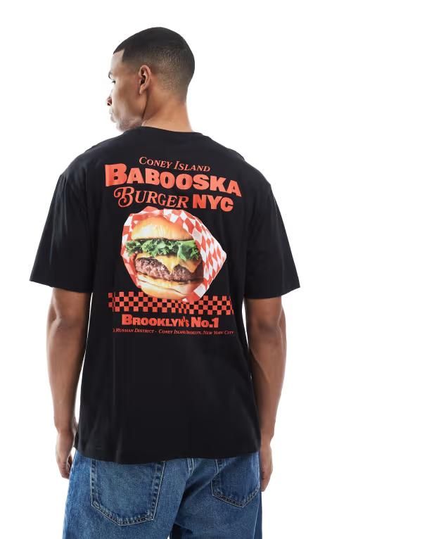 オンリーアンドサンズ メンズ トップス Tシャツ オーバーサイズフィット プリント シャツ ONLY SONS oversized fit tshirt with burger back print Black ブラック