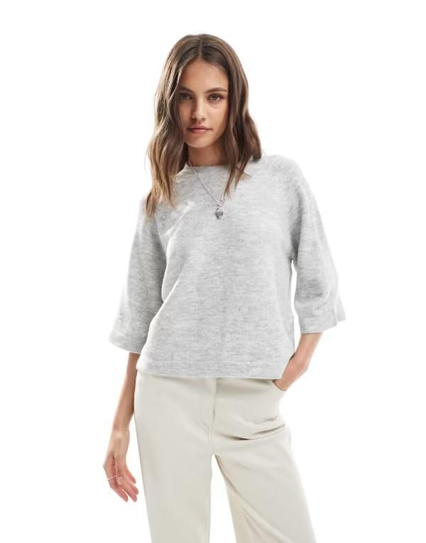 オンリー レディース トップス Tシャツ クロップド ニット ONLY cropped knitshirt in light Gray Melange グレー 12,195円