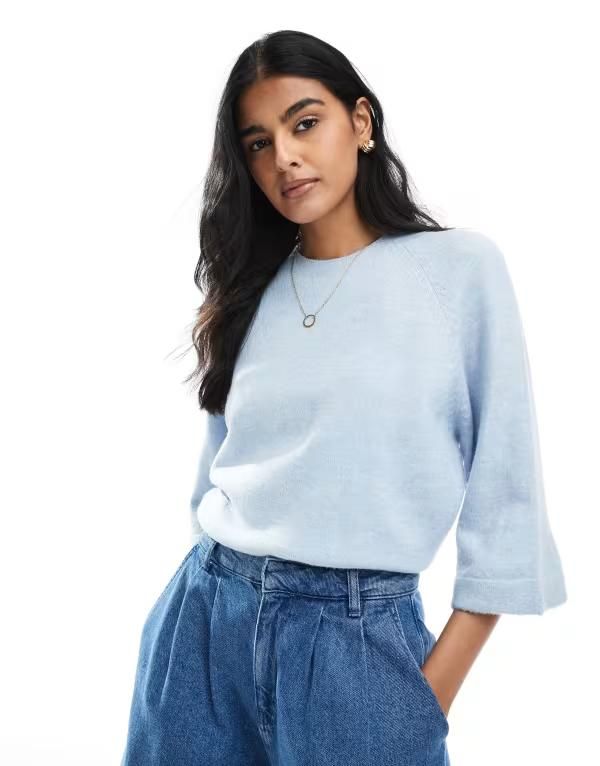 オンリー レディース トップス Tシャツ クロップド ニット ONLY cropped knitshirt in light BLUE ブルー