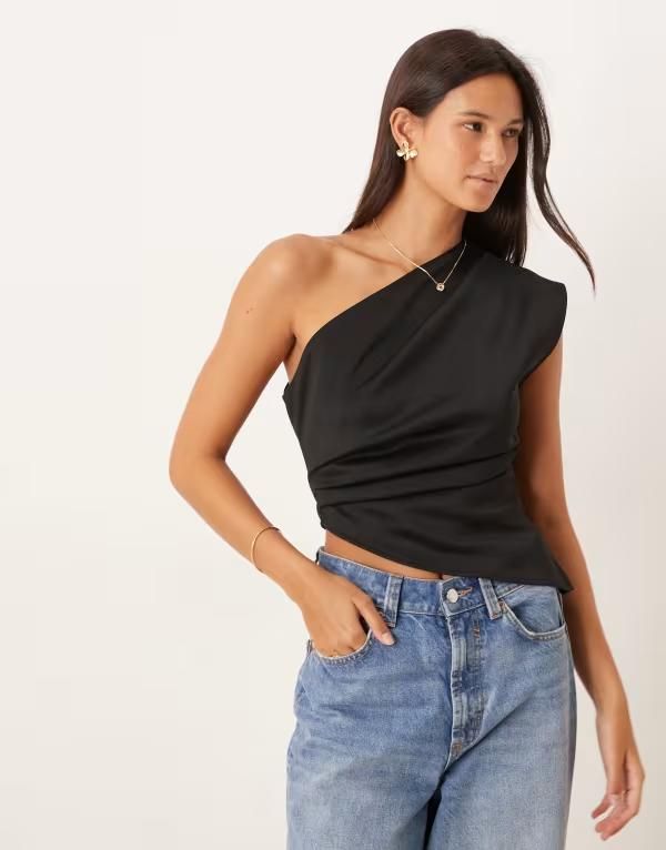 エイソス レディース トップス Tシャツ アシンメトリー ASOS DESIGN one shoulder asymmetric hem top with ruching Black ブラック