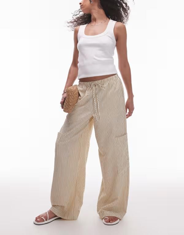 トップショップ レディース ボトムス カジュアルパンツ ストレート パンツ Topshop textured tie waist straight leg pants in neutral stripes neutral ストライプ