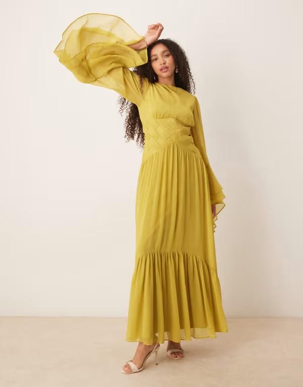 エイソス レディース トップス ワンピース シフォン マキシワンピース マキシ ASOS DESIGN long sleeve chiffon maxi dress with cross stitch waist detail in soft olive OL