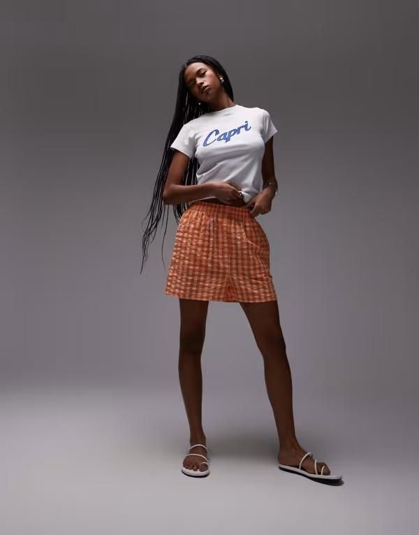 トップショップ レディース ボトムス ハーフパンツ・ショーツ ギンガムチェック ショートパンツ ギンガム Topshop pull on gingham textured boxer shorts in orangeオレンジ