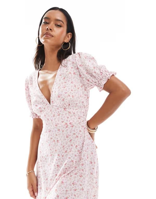 ミスセルフフリッジ レディース トップス ワンピース Vネック フラワー柄 プリント ミニ フラワー Miss Selfridge printed spun v neck mini tea dress floral print Pink ditsy print