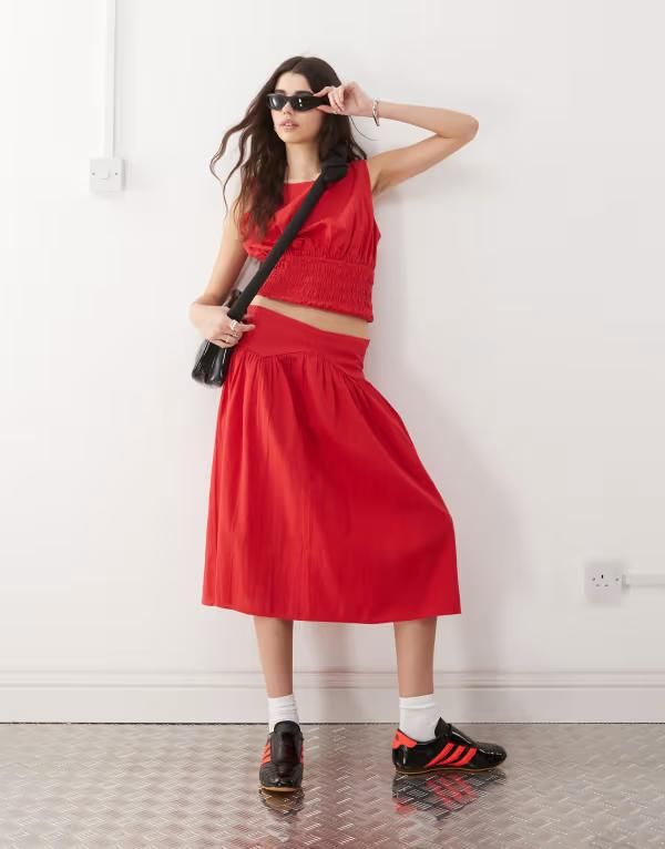 コルージョン レディース ボトムス スカート ミディ リネン COLLUSION linen look drop waist midi skirt part of a set RED レッド