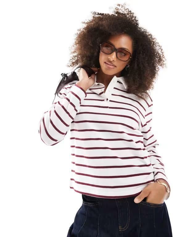 オンリー レディース トップス ポロシャツ ONLY striped long sleeve polo Burgundy バーガンディ