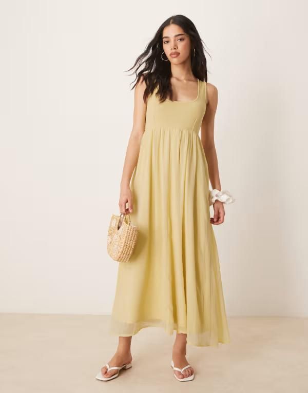 エイソス レディース トップス ワンピース シフォン ミディワンピース ミディ スカート ASOS DESIGN micro rib bust with chiffon skirt midi dress in yellowイエロー
