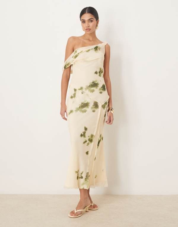 エイソス レディース トップス ワンピース ミディワンピース プリント ミディ ASOS DESIGN fallen shoulder twist cowl neck seam detail midi dress in cream and green blur 14,686円