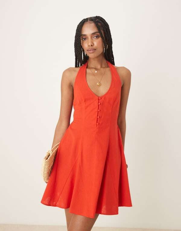 エイソス レディース トップス ワンピース ミニワンピース ミニ ホルター ASOS DESIGN halter mini dress with godet hem Red レッド