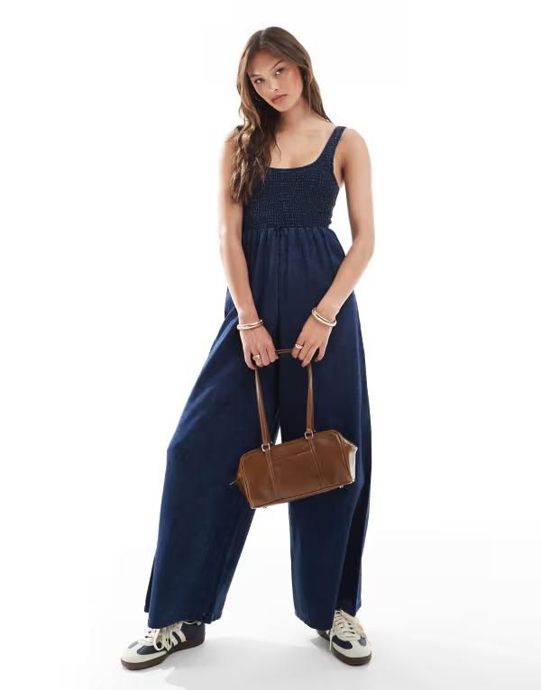 エイソス レディース トップス ジャンプスーツ ワイドレッグ デニム ASOS DESIGN soft denim wide leg jumpsuit with shirred bodice in inky wash Rinse デニム