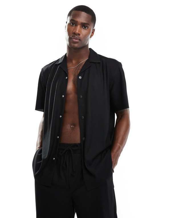 オンリーアンドサンズ メンズ トップス シャツ ONLY SONS plisse revere collar shirt part of a set Black ブラック