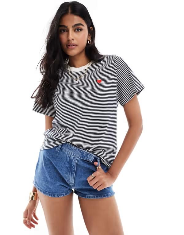 ジェイディーワイ レディース トップス Tシャツ JDY boxy fitshirt in cream navy stripe WHITE ホワイト