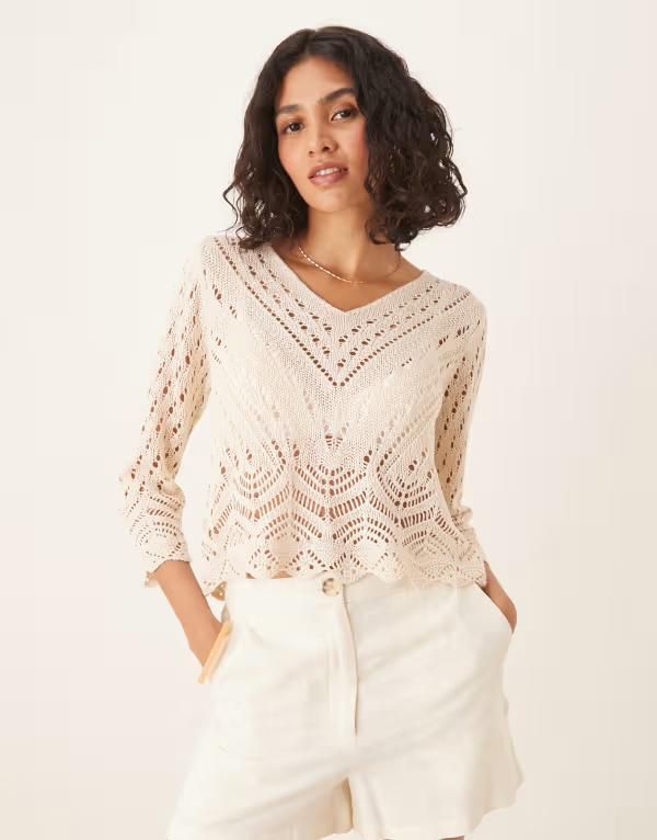 ジェイディーワイ レディース トップス Tシャツ ニット JDY open knit scallop edge top Tapioca ベージュ