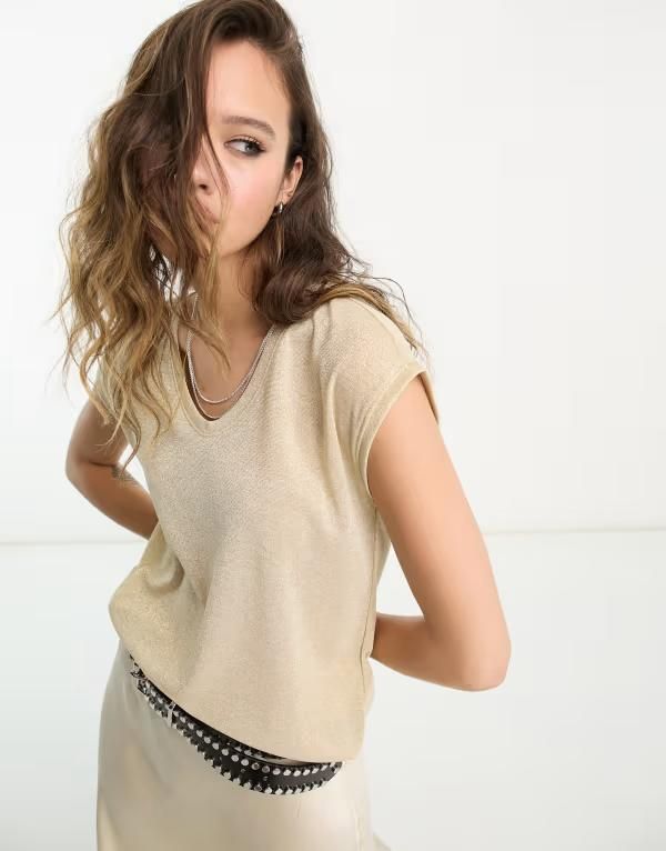 オンリー レディース トップス Tシャツ Vネック トール Only v neck tshirt metallic GOLD ゴールド