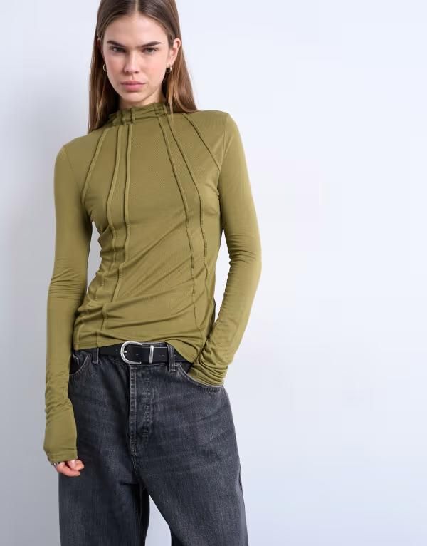 トップショップ レディース トップス Tシャツ ハイネック Topshop high neck seam detailong sleeve top Khaki カーキ