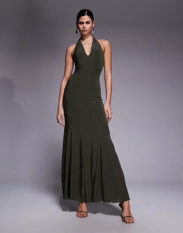 ファッションキラ レディース トップス ワンピース マキシ ホルター Fashionkilla double sculpted slinky plunge halterneck godet hemaxi dress Khaki カーキ