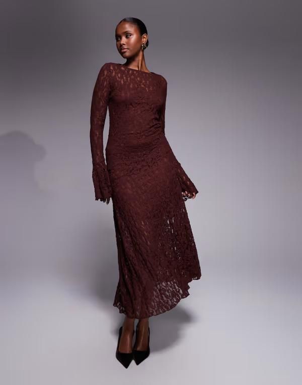 エイソス レディース トップス ワンピース ミディ レース ASOS DESIGN lace long sleeve hanky hemidi dress in chocolate チョコレート 14,896円