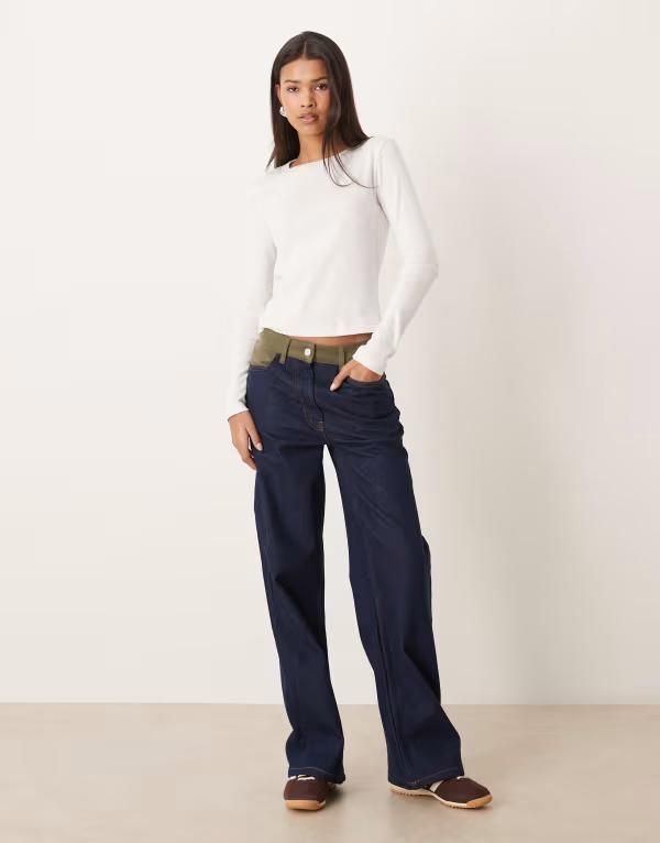 エイソス レディース ボトムス デニムパンツ ワイドレッグ コーデュロイ ジーンズ ASOS DESIGN wide leg jeans with corduroy insert indigo INDIGO インディゴ