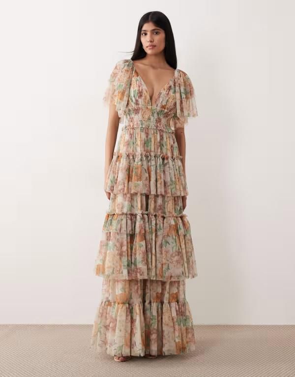 レース アンド ビーズ レディース トップス ワンピース チュール ティアード フラワー柄 マキシ フラワー Lace Beads Bridesmaid tulle flutter sleeve tiered maxi dress in soft brown