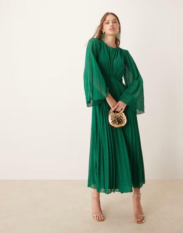 エイソス レディース トップス ワンピース シフォン プリーツ ミディ ASOS DESIGN tie back fluted sleeve pleated chevron chiffon midi dress GREEN グリーン