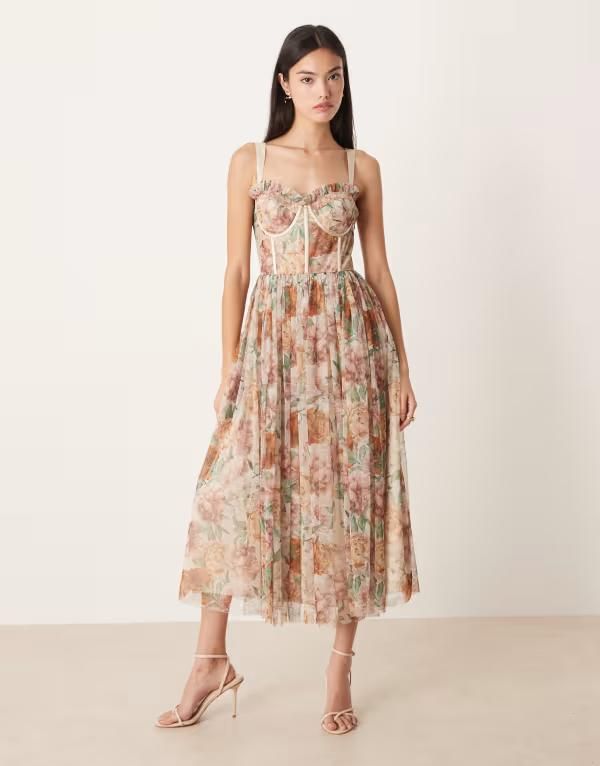レース アンド ビーズ レディース トップス ワンピース チュール フラワー柄 ミディ フラワー Lace Beads Bridesmaid tulle corset midi dress in soft brown floral Soft Brown ブラウ