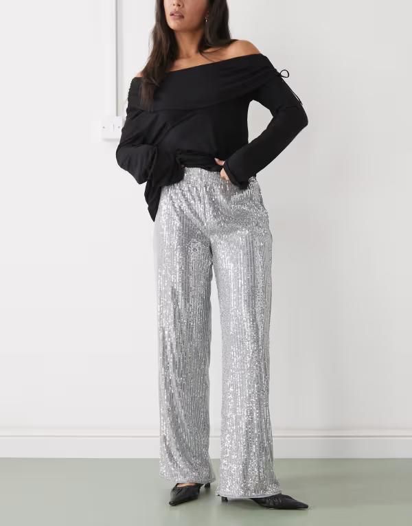 ノイジーメイ レディース ボトムス カジュアルパンツ パンツ スパンコール Noisy May high rise pull on sequin pants Silver シルバー