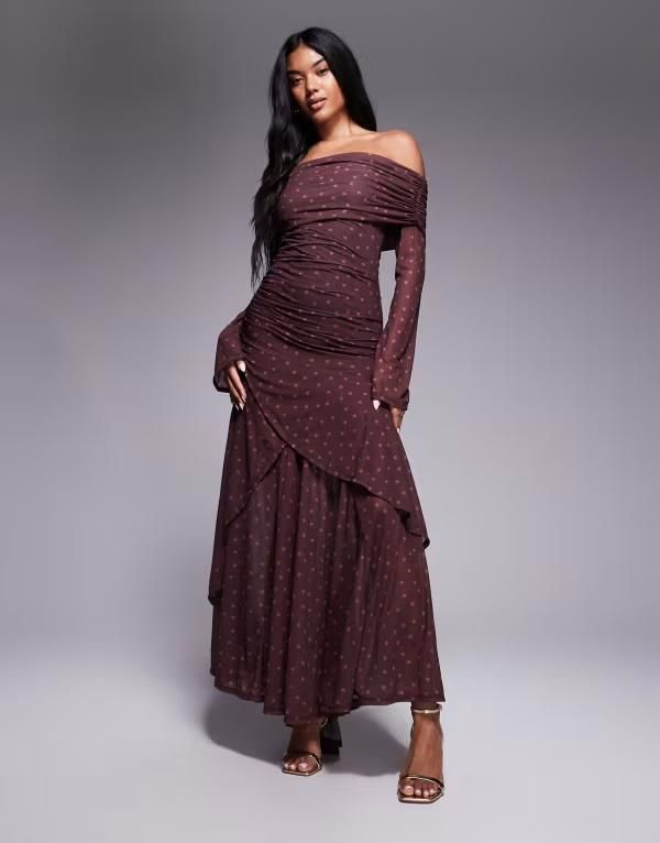 エイソス レディース トップス ワンピース フリル裾 ドット柄 シフォン マキシワンピース ドット プリント フリル マキシ ASOS DESIGN stretch chiffon long sleeve bardot maxi dress with ruff