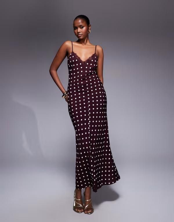 エイソス レディース トップス ワンピース Vネック レーストリム マキシワンピース サテン レース マキシ ASOS DESIGN v neck lace trim satin slip maxi dress in chocolate Chocolate s