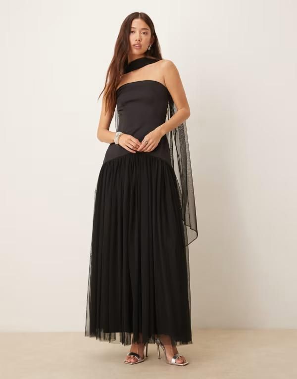 レース アンド ビーズ レディース トップス ワンピース チュール マキシワンピース マキシ Lace Beads bandeau tulle drop waist scarf detail maxi dress Black ブラック