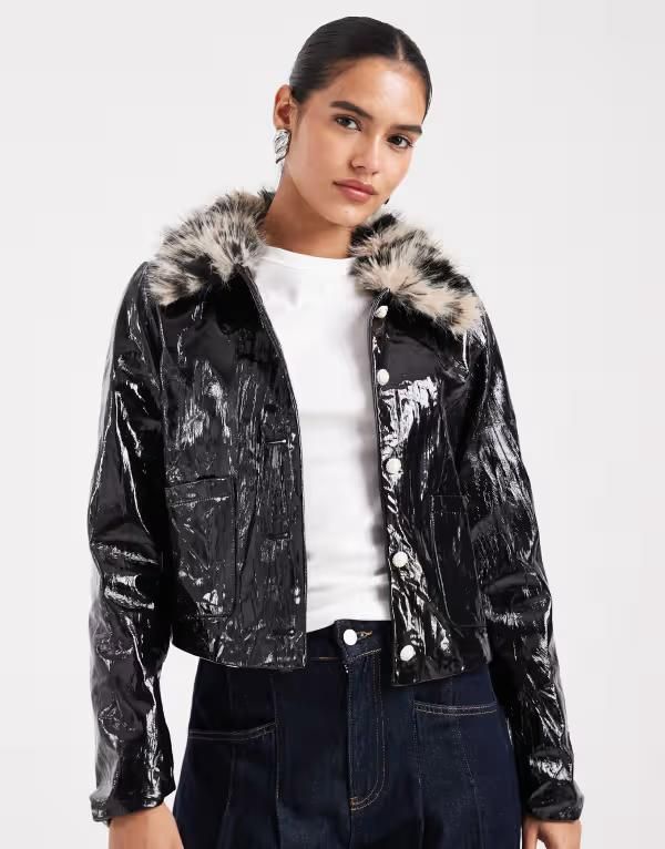 シスタージュン レディース アウター ジャケット・ブルゾン Sister Jane crinkle PU jacket with leopard faux fur collar Black ブラック
