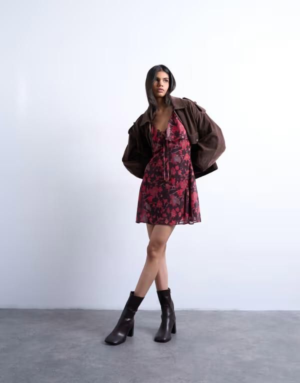トップショップ レディース トップス ワンピース シフォン フラワー柄 プリント ミニ フラワー Topshop chiffon mini tea dress in rust floral print Rust floral ラスト