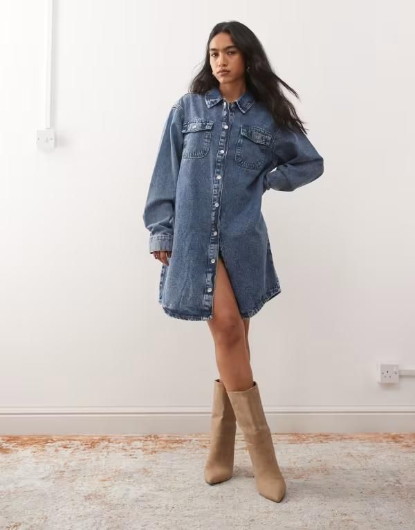 ノイジーメイ レディース トップス ワンピース シャツワンピース シャツ デニム Noisy May long sleeve denim shirt dress in washed blue denim Medium blue denim デニム