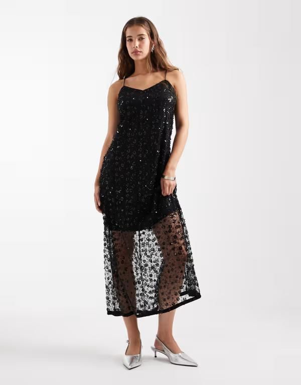 オブジェクト レディース トップス ワンピース マキシワンピース フラワー柄 スパンコール マキシ フラワー Object floral sequin embellished cami maxi dress Black ブラック