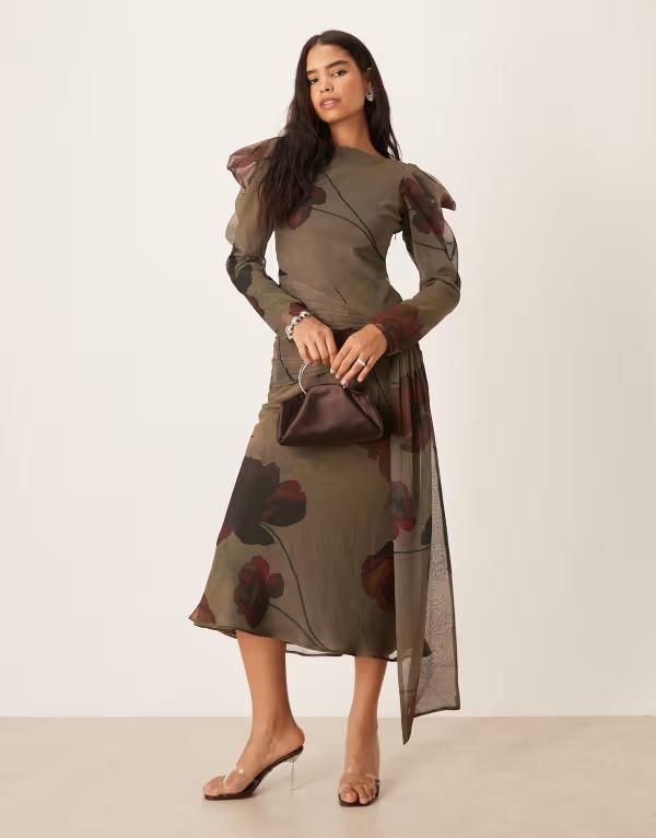 エイソス レディース トップス ワンピース フラワー柄 ドレープリント マキシ フラワー ASOS DESIGN draped shoulders maxi dress with floral print Gray floral グレー