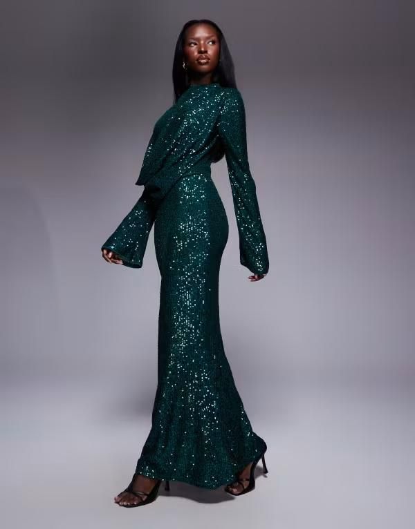 エイソス レディース トップス ワンピース マキシワンピース スパンコール マキシ ASOS DESIGN all over sequin long sleeve wrap front detail maxi dress in emerald Emerald