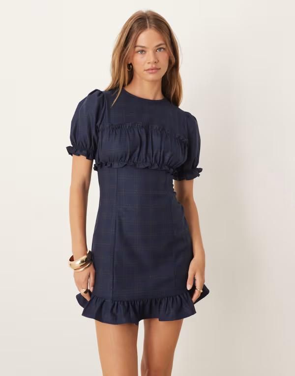 エイソス レディース トップス ワンピース ミニワンピース フリル ミニ ASOS DESIGN short sleeve ruffle bust mini dress plaid Navy Check ネイビー