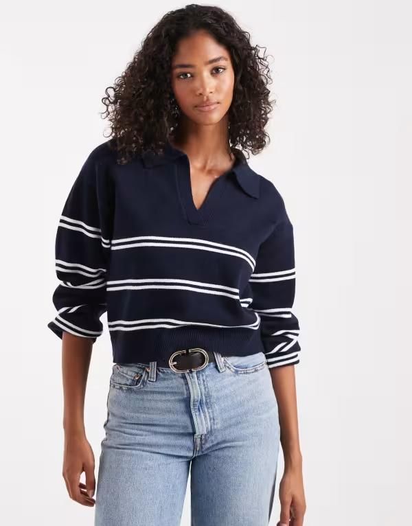 コットンオン レディース アウター ニット・セーター セーター Cotton On luxe collar sweater in moonlit indigo stripe MOONLIT INDIGO インディゴ