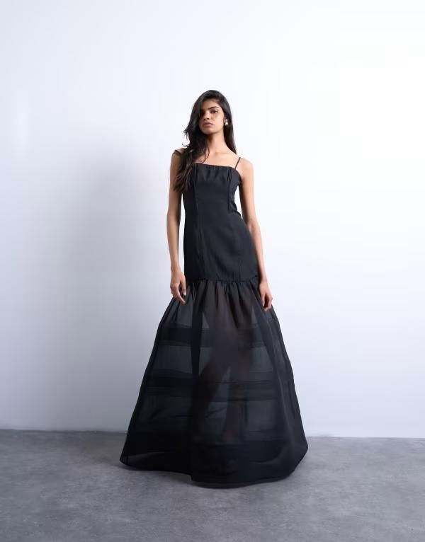 トップショップ レディース トップス ワンピース マキシワンピース シアー スカート マキシ Topshop maxi dress with sheer layered volume skirt Black ブラック