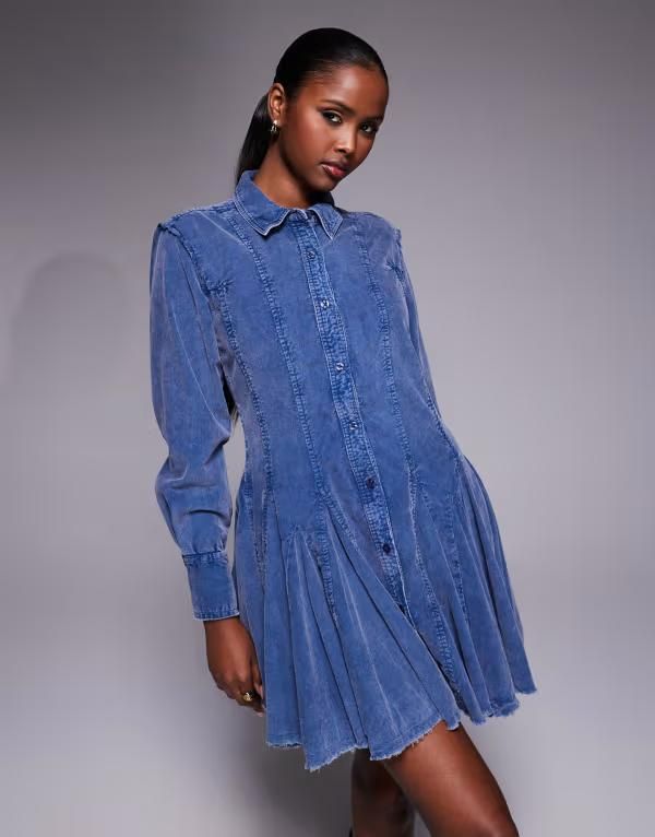 エイソス レディース トップス ワンピース シャツ デニム ASOS DESIGN cord shirt dress with nippedin waist and godets in denim Blue デニム