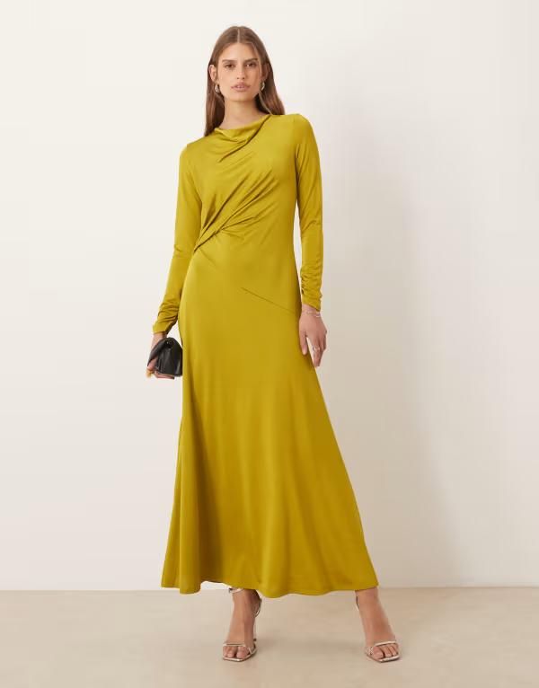 エイソス レディース トップス ワンピース マキシワンピース ギャザー マキシ ASOS DESIGN long sleeve ruched knot detail maxi dress GREEN グリーン