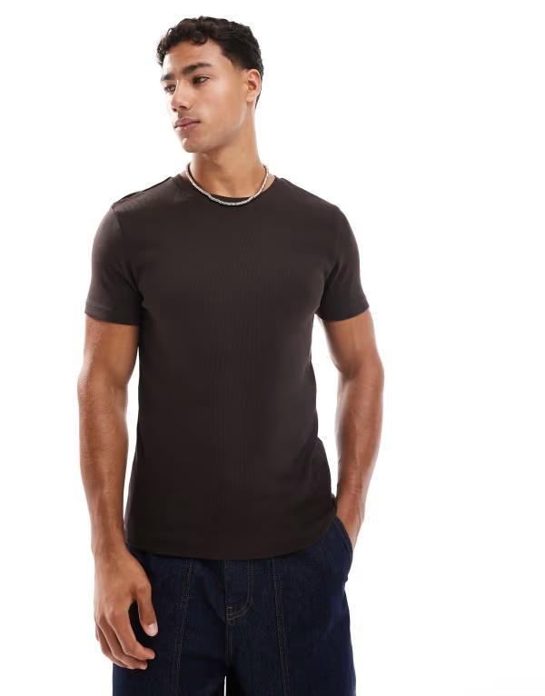 エイソス メンズ トップス Tシャツ ASOS DESIGN essentials muscle fitshirt rib Mole ブラウン