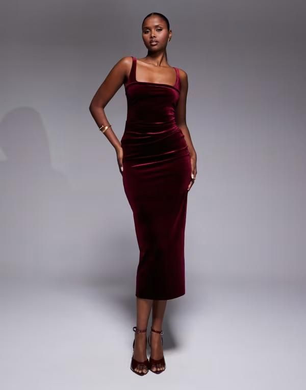 エイソス レディース トップス ワンピース ミディワンピース ミディ ベルベット ASOS DESIGN velvet curved neckline midi dress in berry Berry Red レッド