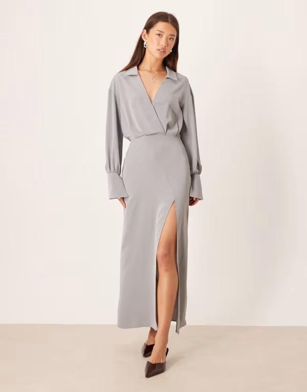 エイソス レディース トップス ワンピース ドレープ ミディ シャツ スカート ASOS DESIGN draped shirt pencil midi skirt Gray グレー