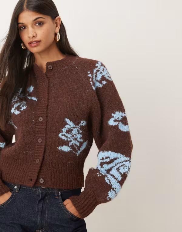 エイソス レディース アウター カーディガン フラワー柄 レース フラワー ASOS DESIGN placement floral raglan cardigan in chocolate Chocolate チョコレート