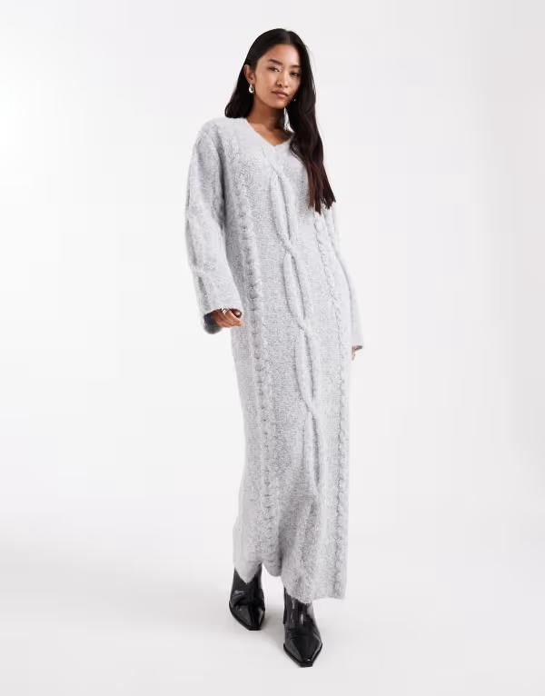 フォースレックレス レディース トップス ワンピース Vネック ウール セーター ニット マキシ 4th Reckless wool feel cable knit vneck maxi sweater dress Gray グレー