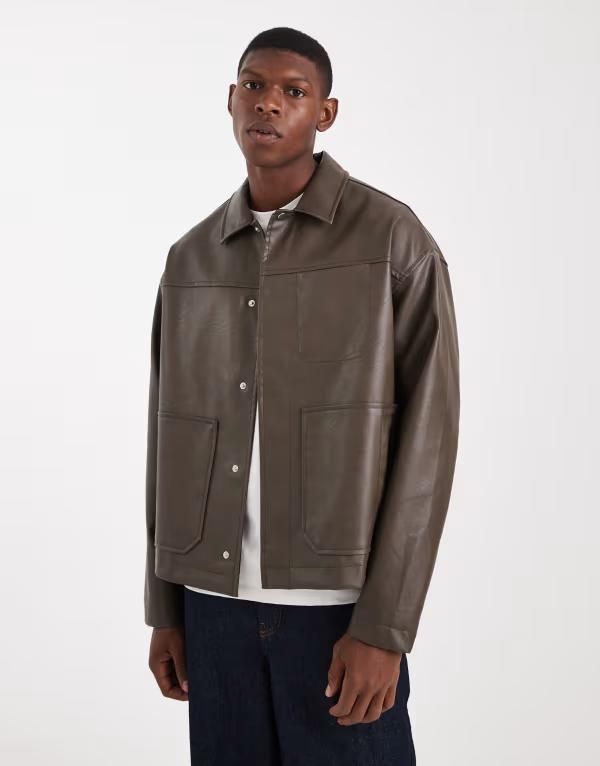 エイソス メンズ アウター ジャケット・ブルゾン レザー フェイクレザー ジャケット ASOS DESIGN faux leather harrington jacket BROWN ブラウン