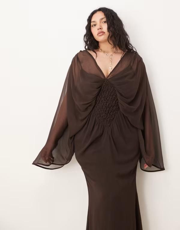 エイソス レディース トップス ワンピース ケープデザイン キャップ ケープ マキシ ASOS Curve ASOS DESIGN Curve plunge cape sleeve maxi dress withoneycomb shirring detail