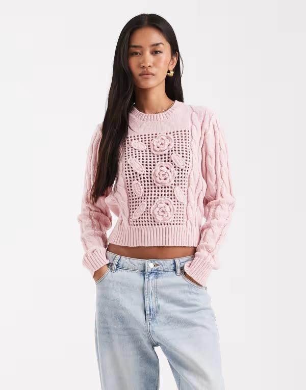 ミスセルフフリッジ レディース アウター ニット・セーター フラワー柄 セーター クロップド フラワー Miss Selfridge crochet floral cropped sweater in soft Soft pink ピンク