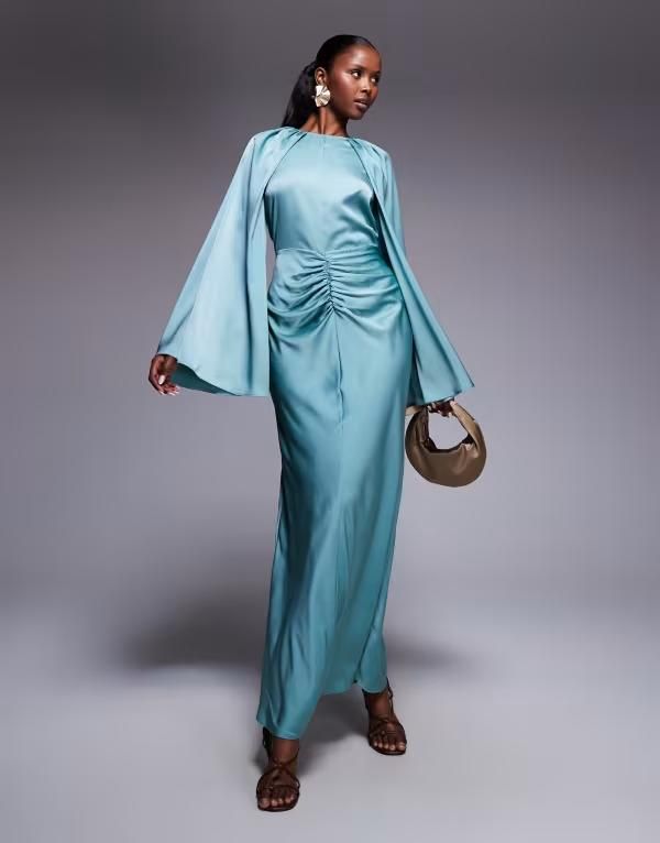 エイソス レディース トップス ワンピース マキシワンピース ギャザー サテン スカート マキシ ASOS DESIGN satin long sleeve maxi dress with central ruched skirt in pale Blue ブ